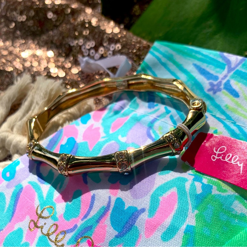NWT-💖-Lilly Pulitzer-Bamboo-Crystal-Bangle Bracelet-Mettalic Gold